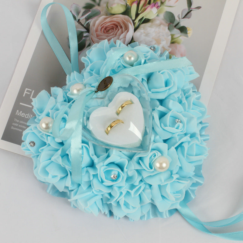 Wedding Pearl Ring Pillow with PE Foam Rose for Bridal Ceremony