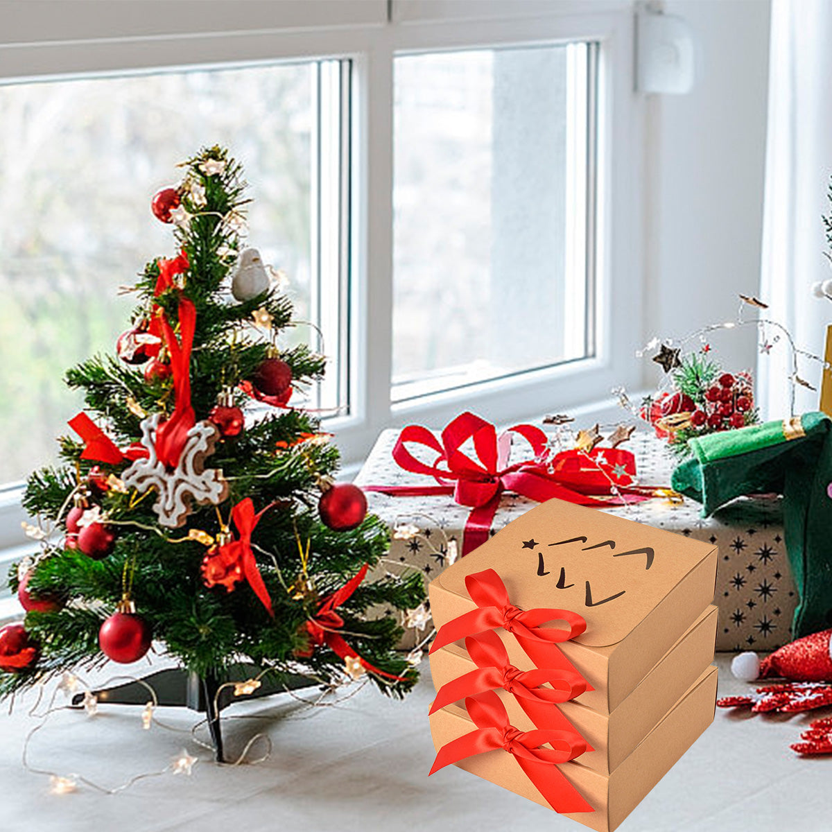 10 Pack Christmas Gift Boxes - Khaki Paper, 16x16cm