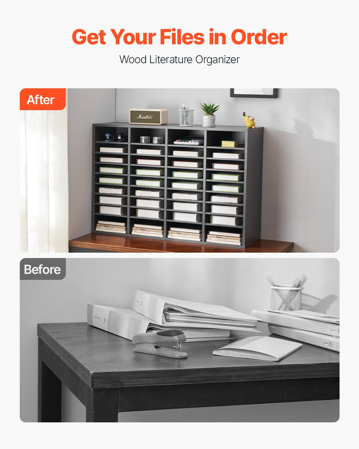 36-Compartment Literature Organizer - Wooden Mailbox Sorter, Grey