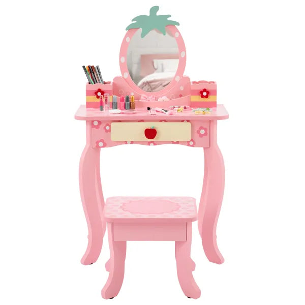 Children's Dressing Table Set - Pink MDF Storage Box with Apple Print