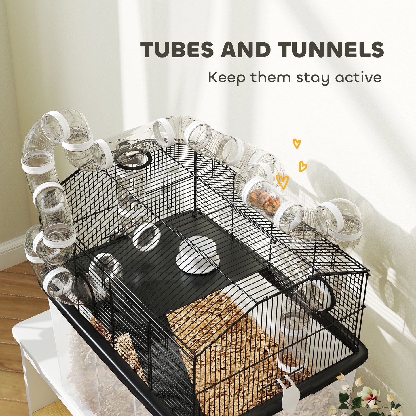 2-Tier Hamster Cage with Deep Tray, Tube System, Water Bottle & Ramp - Black