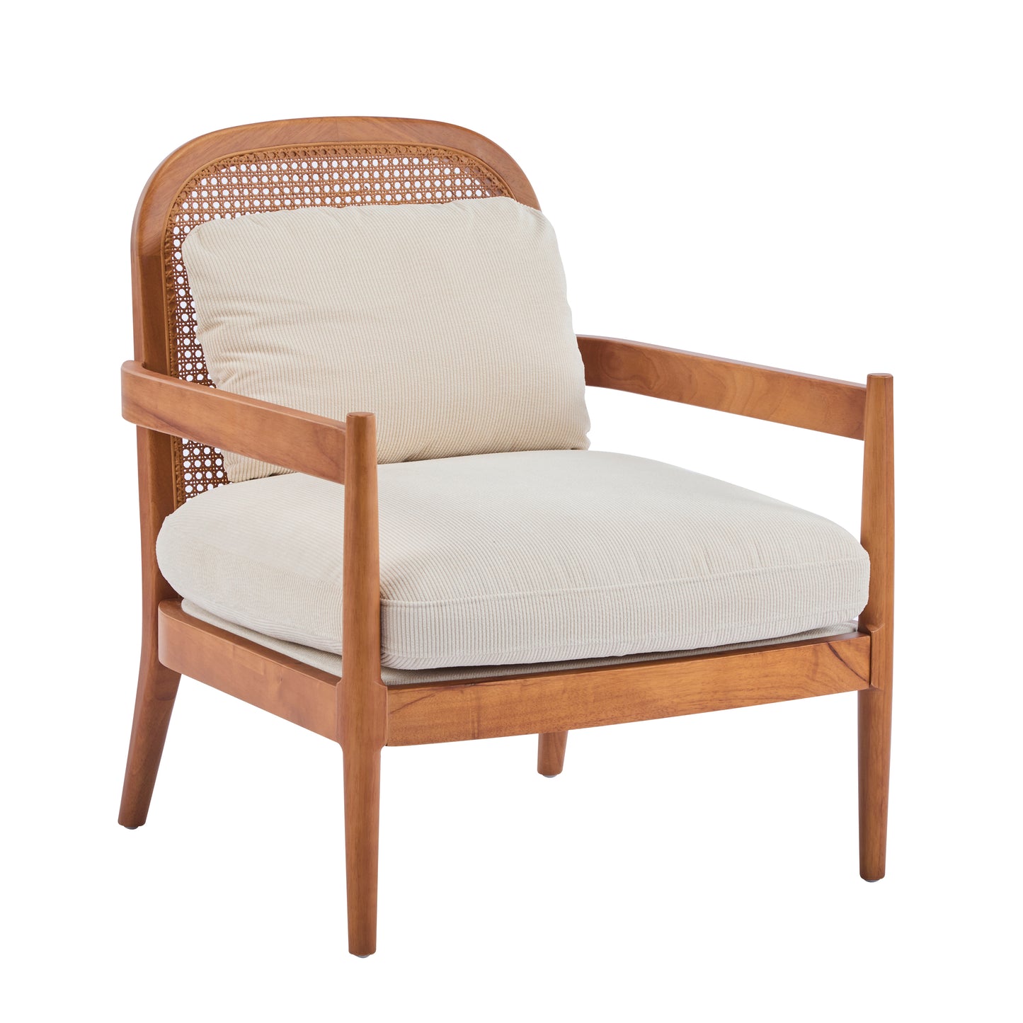 Mid-Century Modern Accent Chair Set - Solid Wood & Rattan, Beige