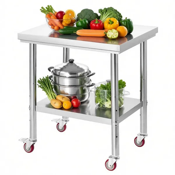 Sleek Metal Work Table With Adjustable Height And Shelf For Kitchen