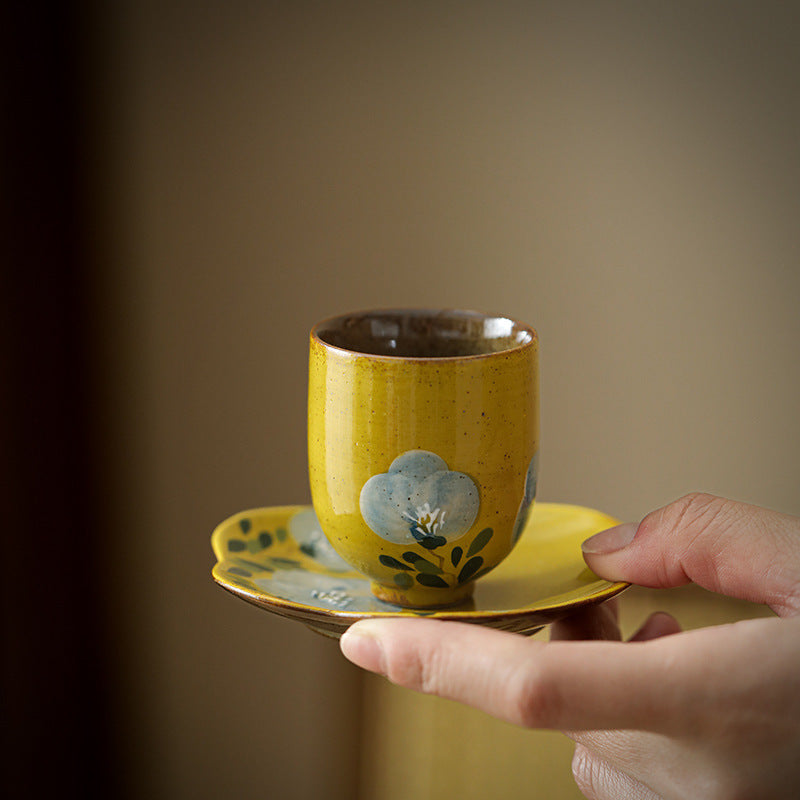 Hand Drawn Camellia Ceramic Cup and Coaster Set - 50ml Retro Kitchen Drinkware