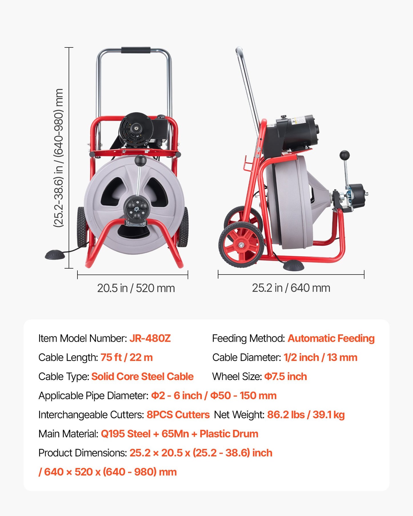 Drain Cleaner Machine 75FT x 1/2 Inch with Auto Feed & 8 Cutters for 2-6 Inch Pipes