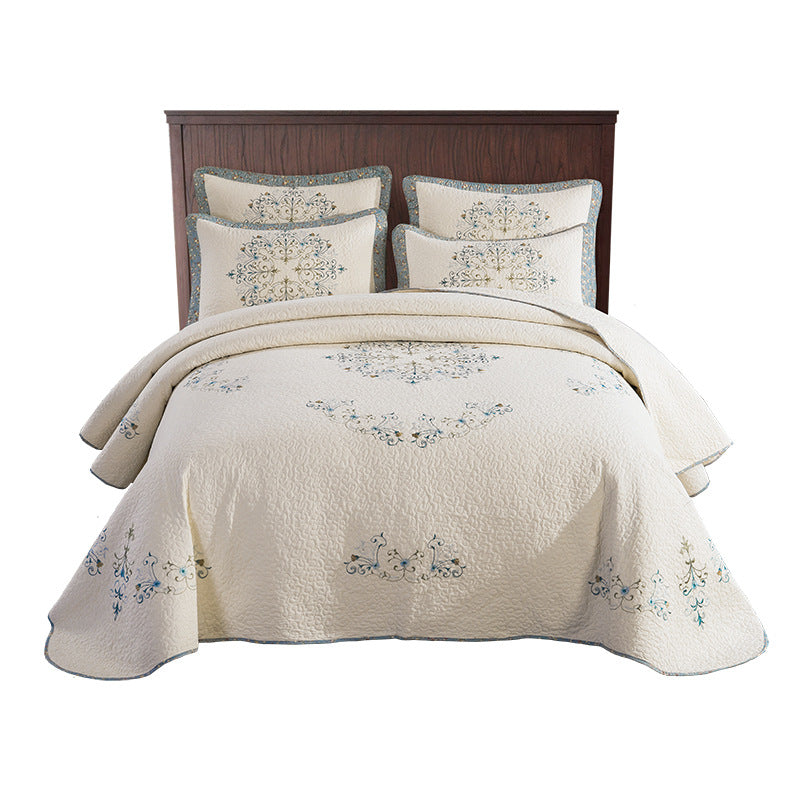 European-Style Cotton Bed Cover Set - Embroidery & Quilted Bedspread, Three-Piece