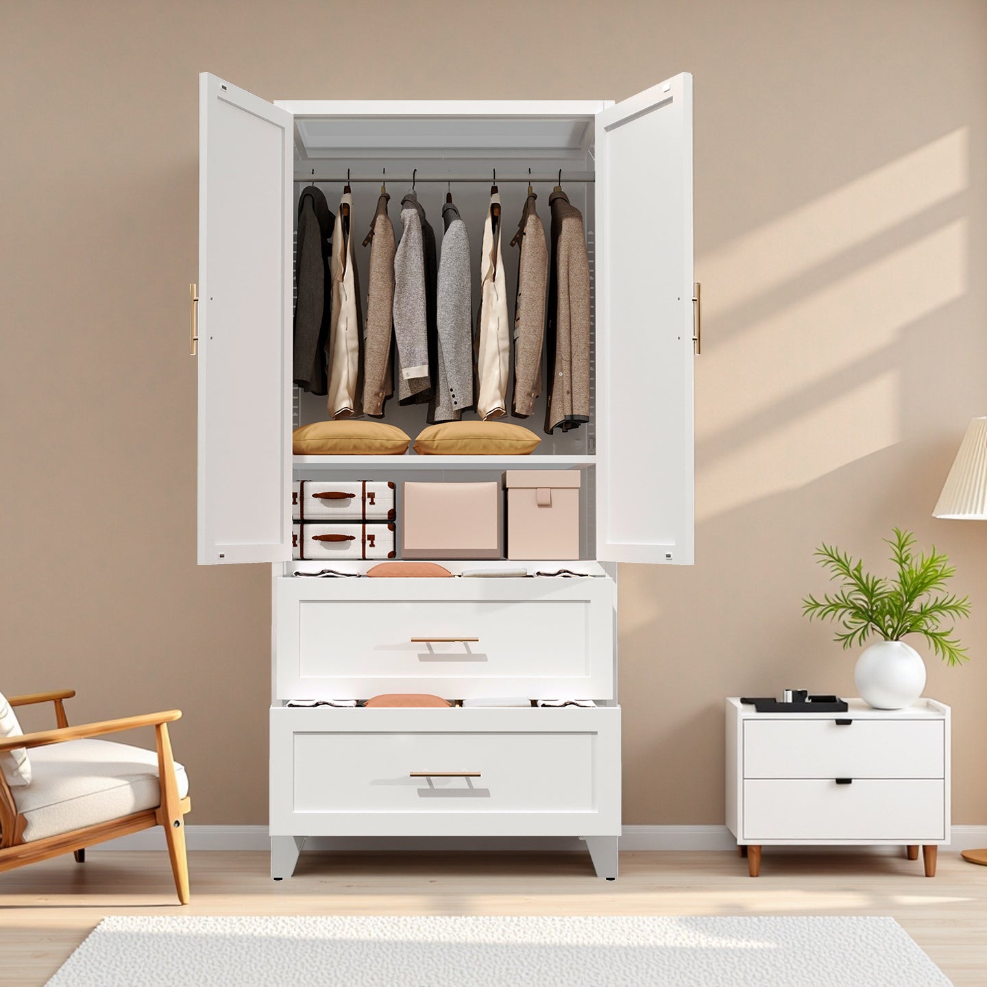 71" Tall Metal Wardrobe Cabinet with 2 Drawers and Hanging Rod - White