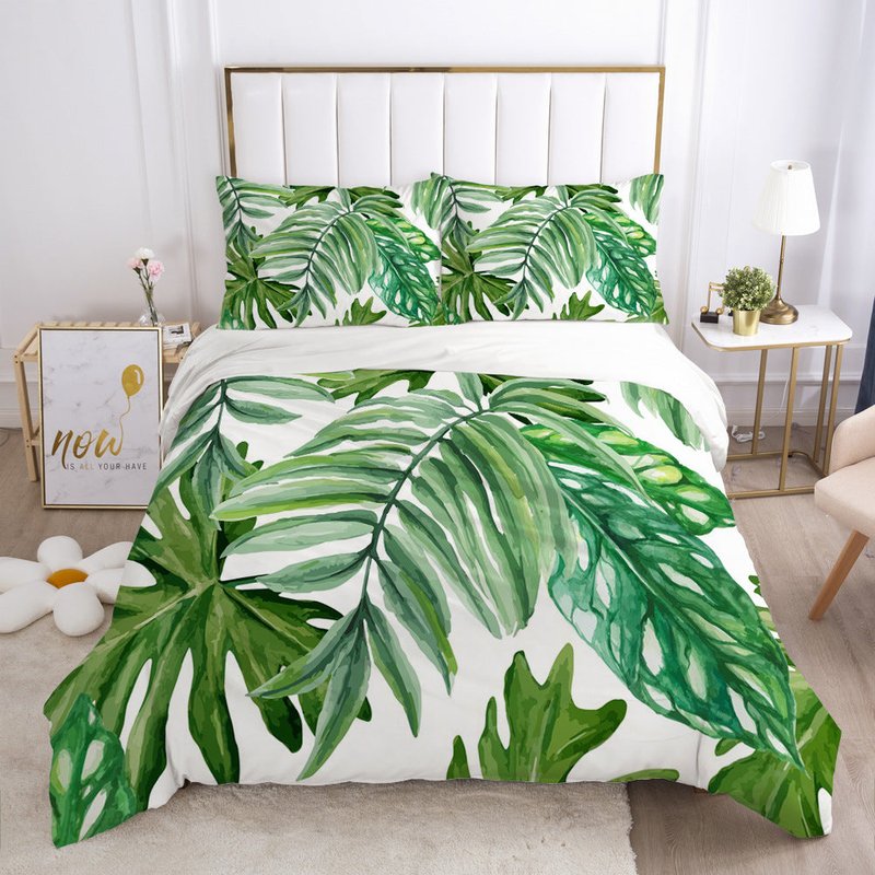 Green Leaf Bedding Set with Quilt Cover and Pillowcases - Multiple Sizes & Styles