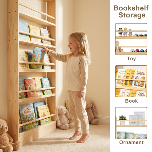 6-Tier Wooden Bookshelf - Slim Behind Door Storage for Kids