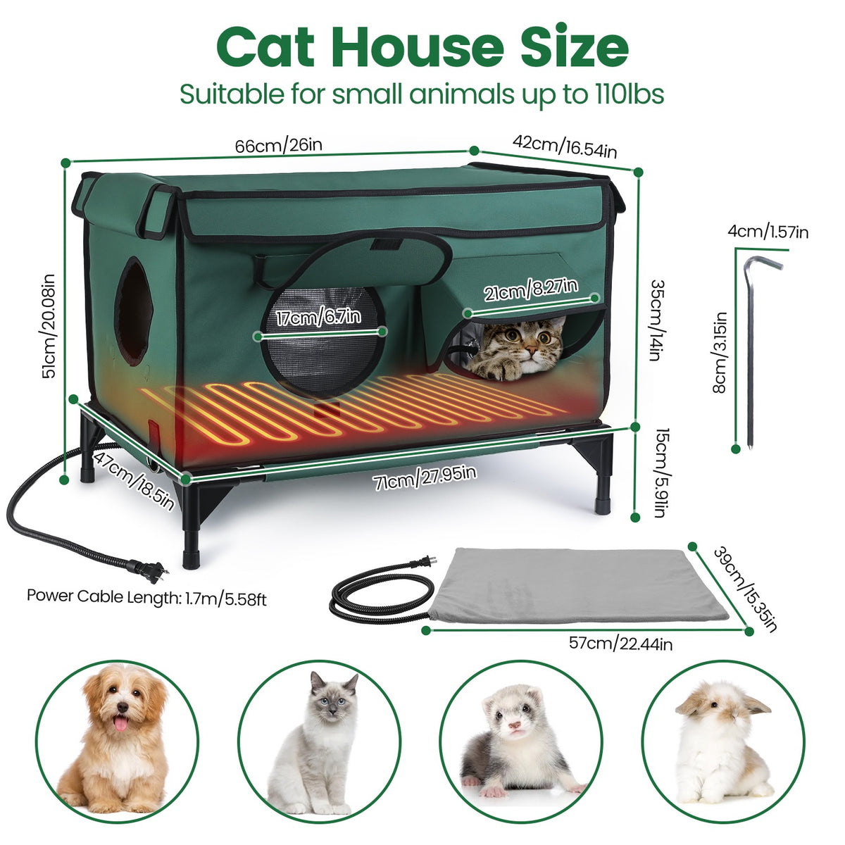 Outdoor Waterproof Heated Cat House with Insulated Shelter, 2 Doors & 3 Windows, Weatherproof Feral Cat Shelter - Green