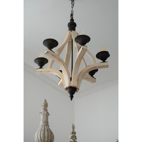 Wooden Chandelier with Adjustable Chain for Kitchen Dining Cream Finish - 6 Lights