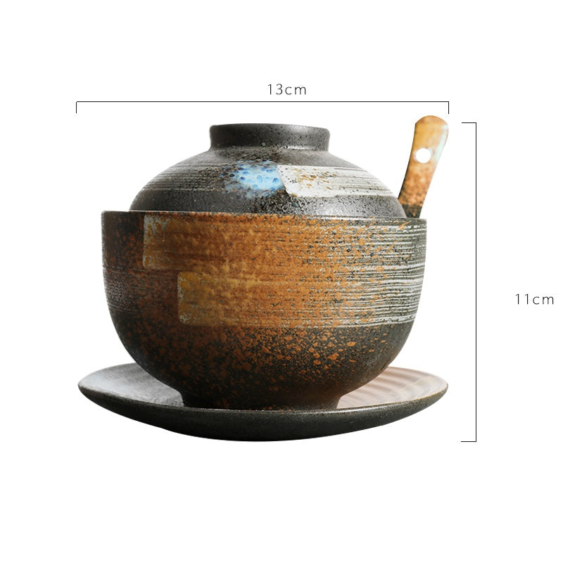 Ceramic Soup Pot with Cover and Spoon Set - Kitchen Dinnerware