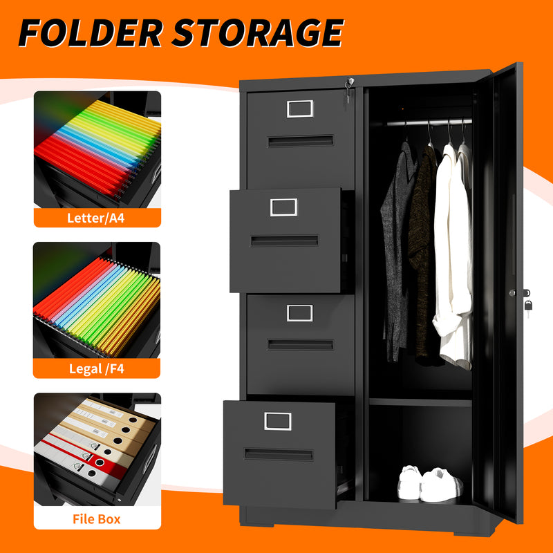 Metal Vertical Filing Cabinet with Lock - 4 Drawers & Door, Black