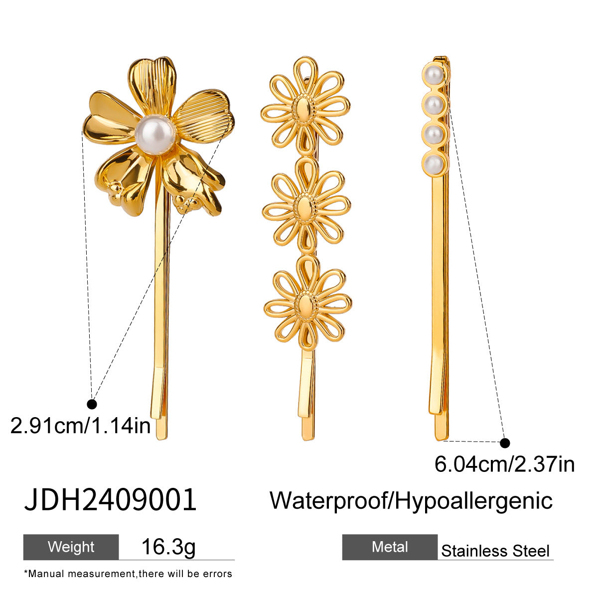 Women's Titanium Steel Barrettes - Pearl Flower Design, 3 Piece Set