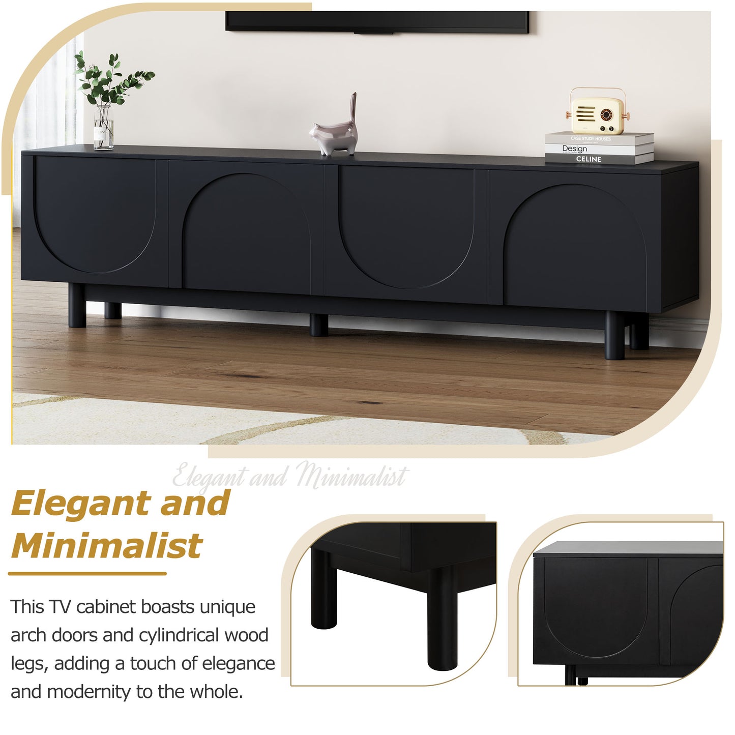 Minimalist TV Stand with Arch Cabinets for TVs Up to 78" - Black