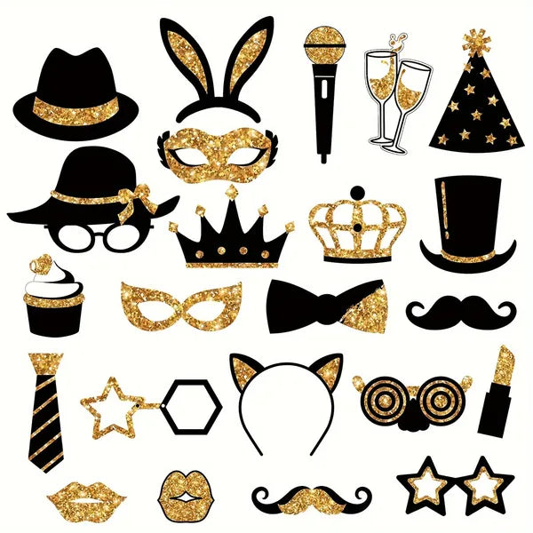 24 Pcs Gold and Black Photo Booth Props Kit for Parties