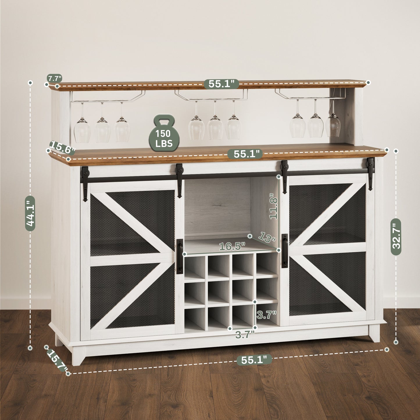 55" Farmhouse Coffee Bar Cabinet with LED Lights - Distressed White