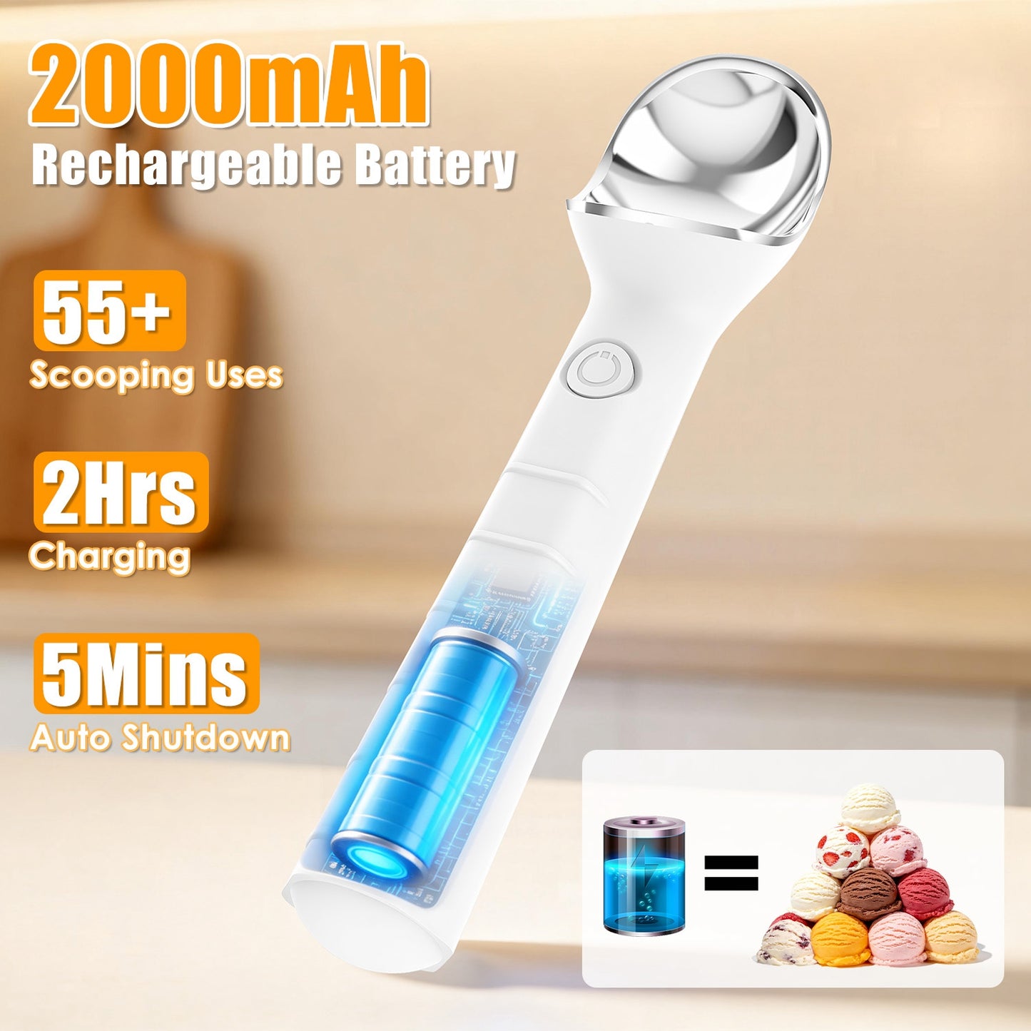 Electric Heated Ice Cream Scoop - Rechargeable & Waterproof