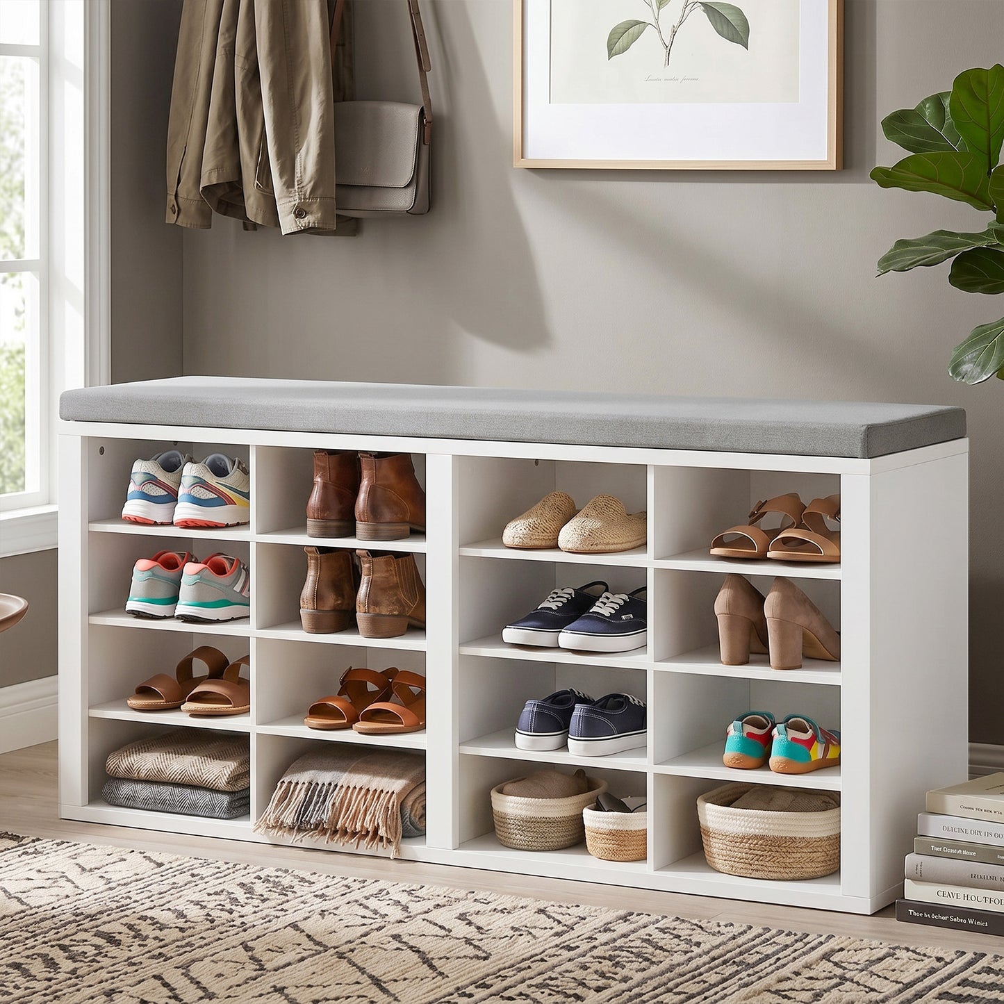 Shoe Storage Bench With Cushion 16 Cubby Rack Multifunctional