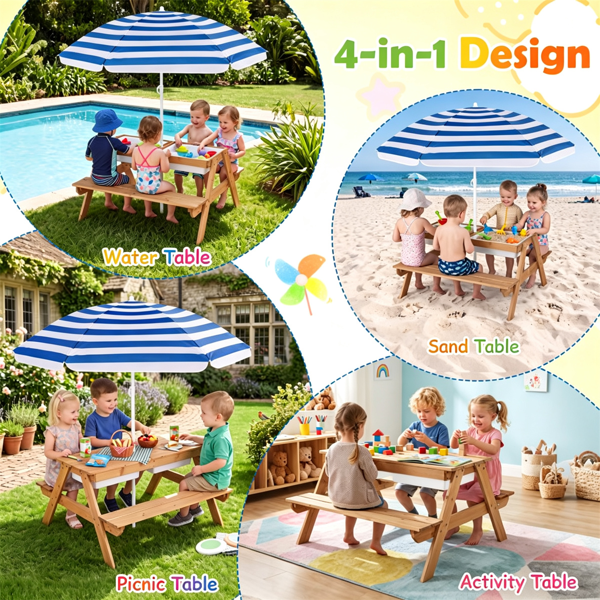 Kids 3-in-1 Picnic Table with Adjustable Umbrella & Storage Boxes - Outdoor Sand & Water Play Set