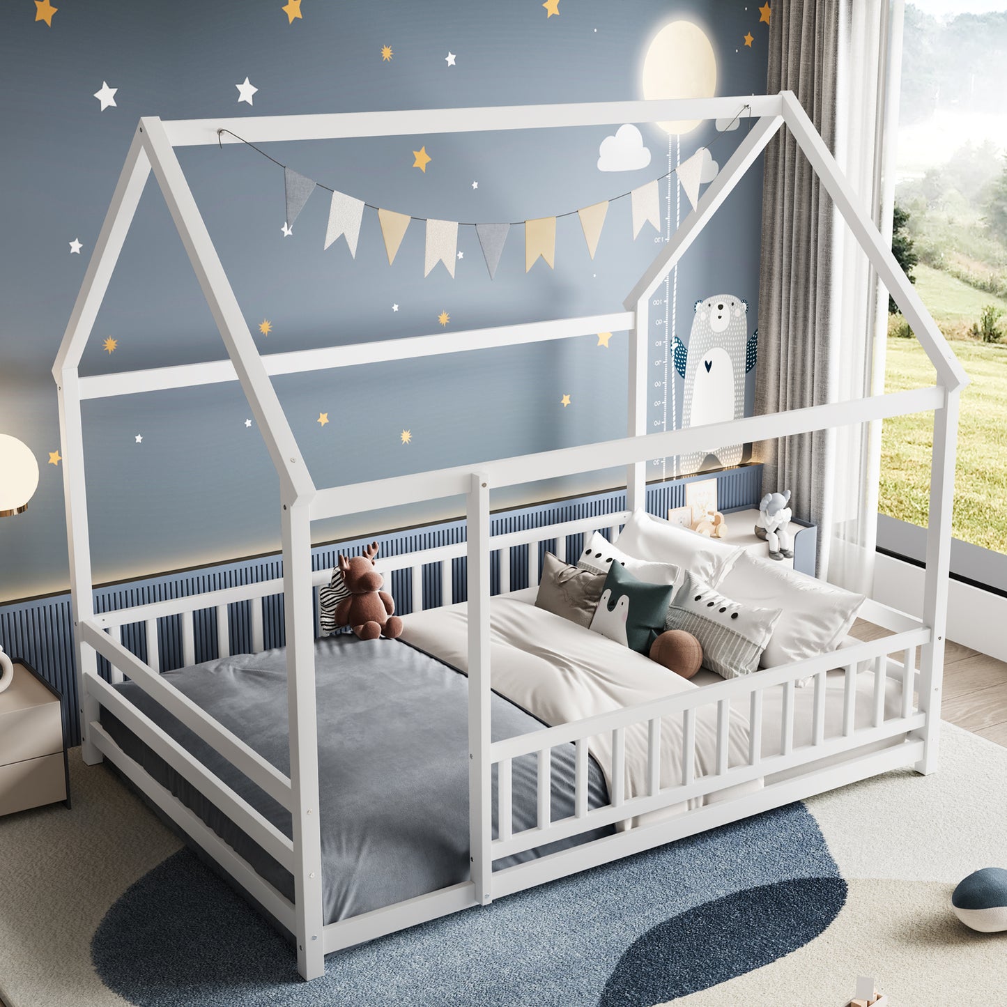 Full Size Wooden Floor Bed with House Roof Frame - White