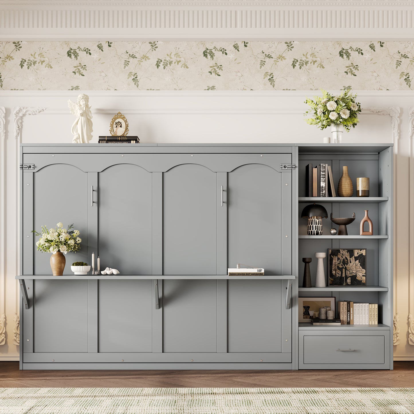 Queen Size Murphy Bed With Height Adjustable Storage Compartments And