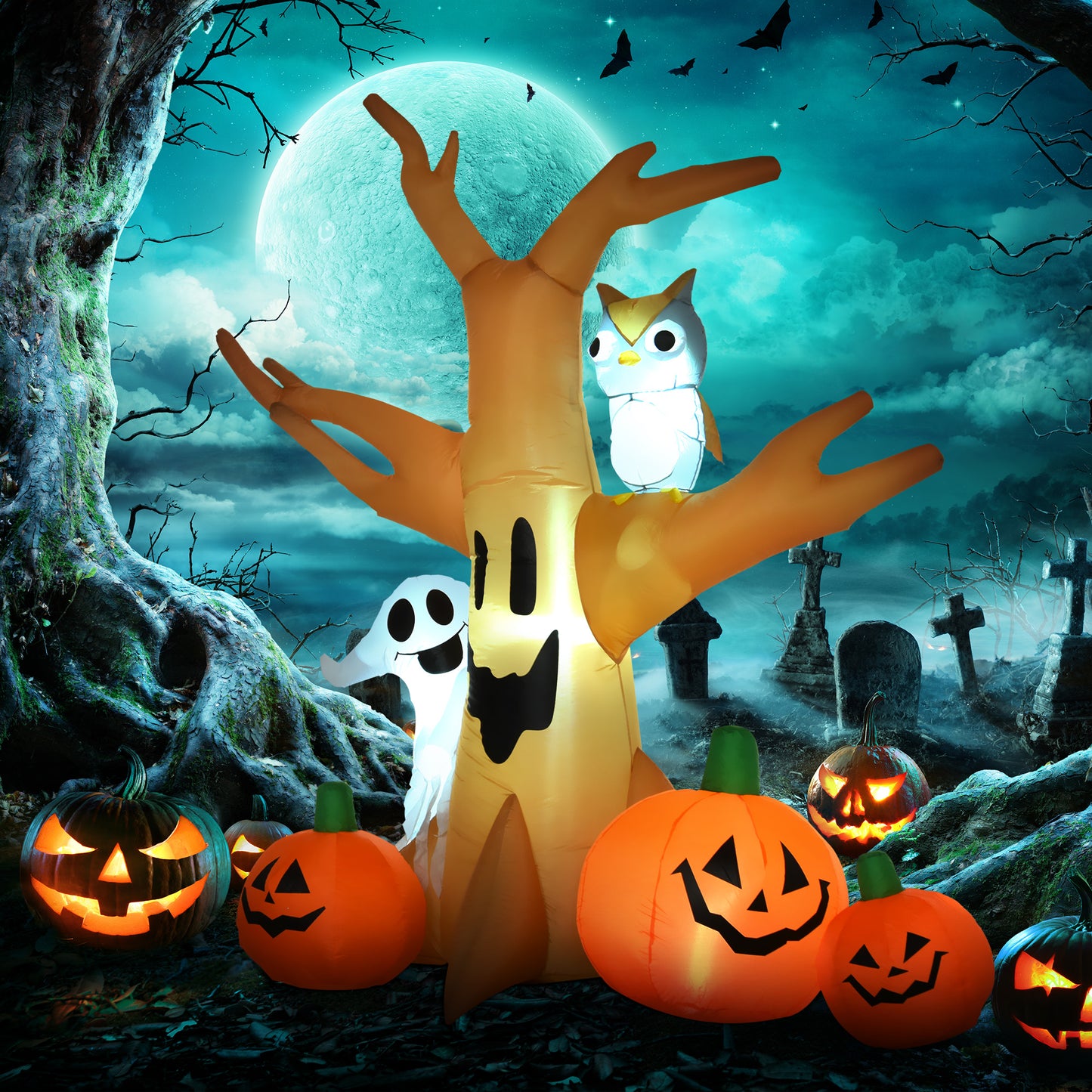 7.5' Tall Halloween Inflatable Tree with Owl & Ghost - Multicolor