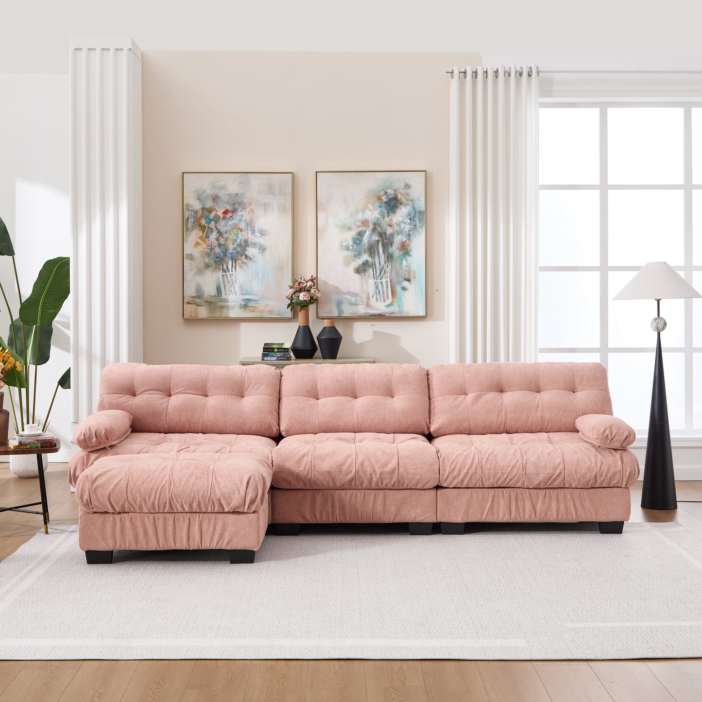 Oversized Modular Sectional Sofa with Movable Ottoman - Pink