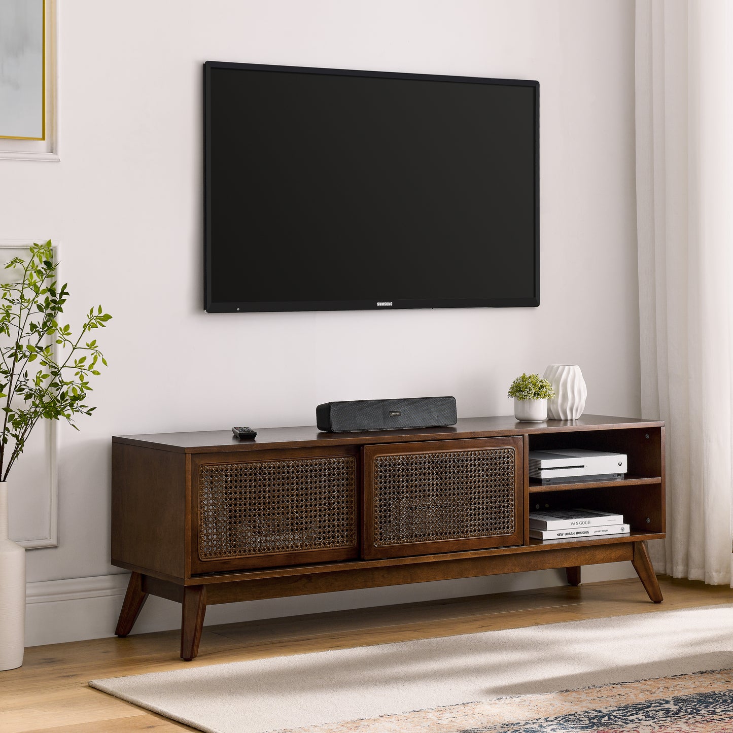 59 Inch Mid Century Modern Rattan TV Stand for 65 Inch TV - Walnut