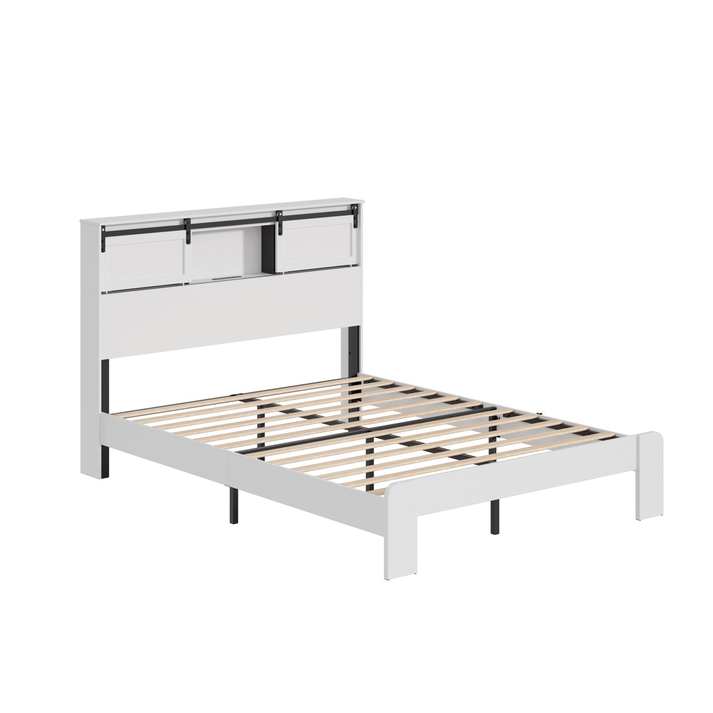 King Metal Platform Bed Frame with Charging Station - White