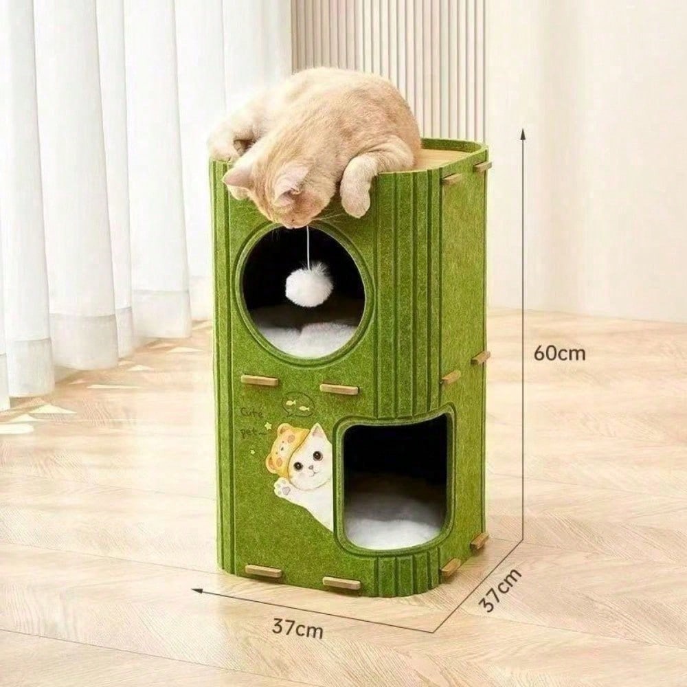 Multi-Level Felt Cat Tree Tower with Hideaways & Interactive Toy - Space Saving Indoor Cat Condo