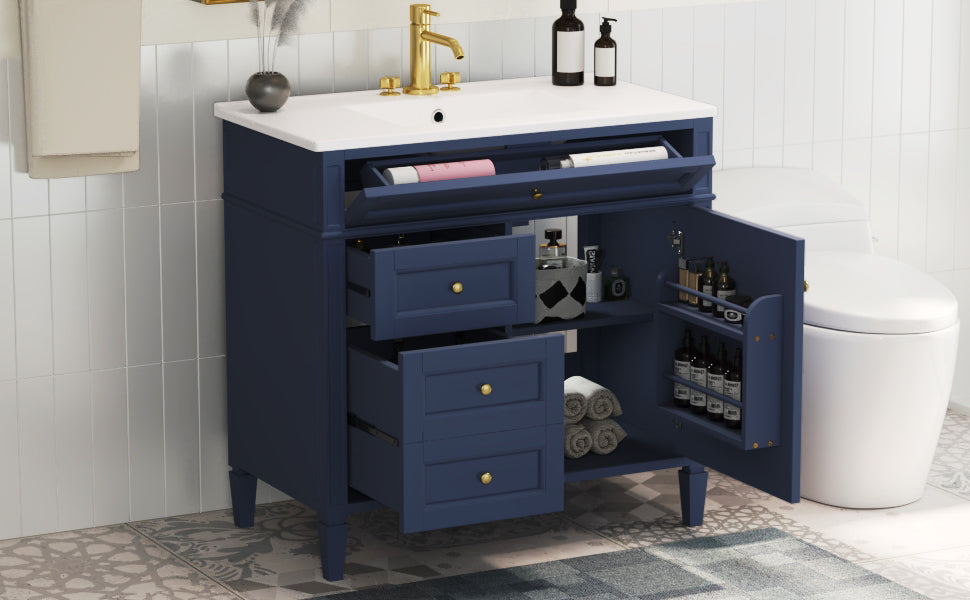 36'' Blue Bathroom Vanity with Ceramic Sink & 3 Drawers