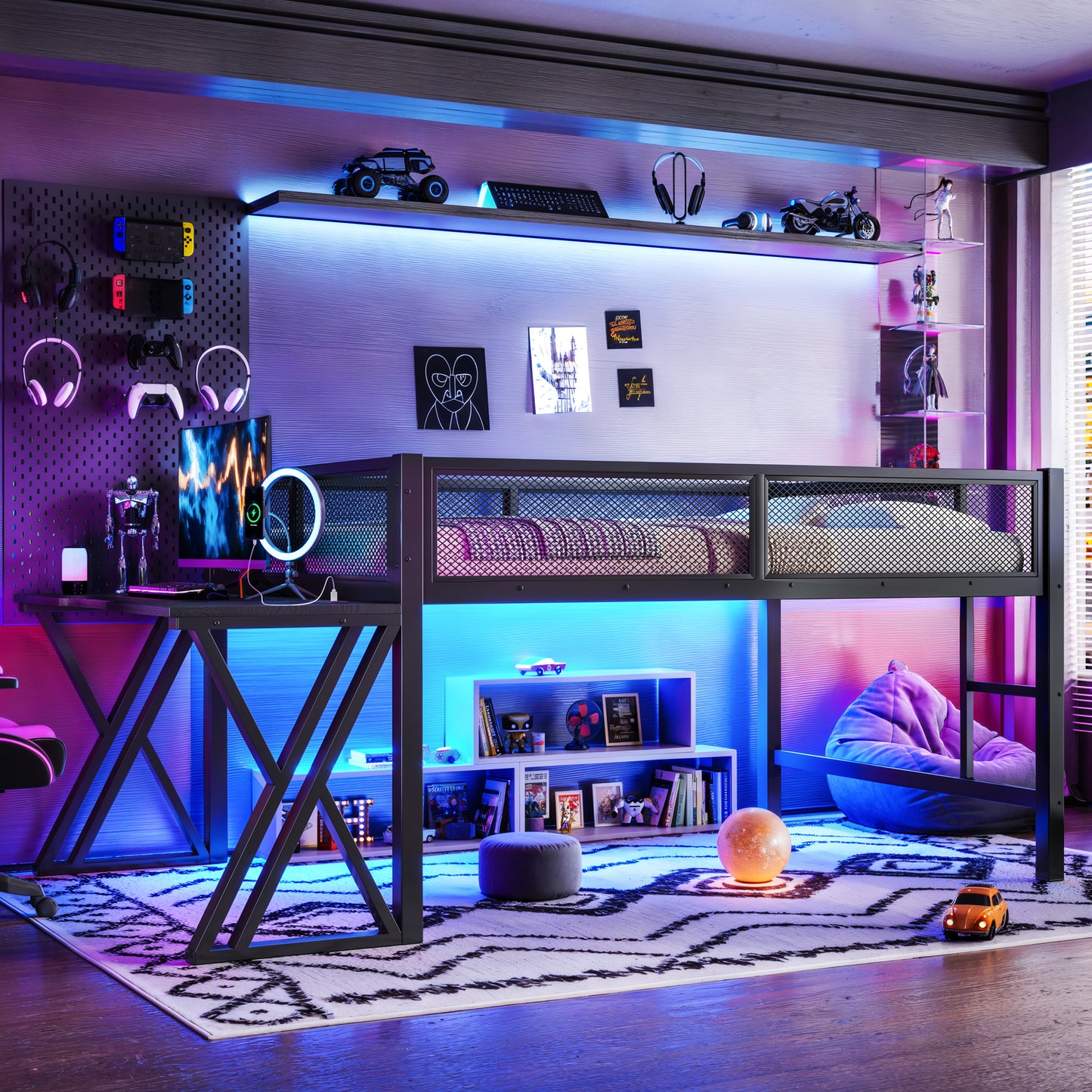 Gaming Loft Bed with Desk, LED Lights & USB Ports - Black