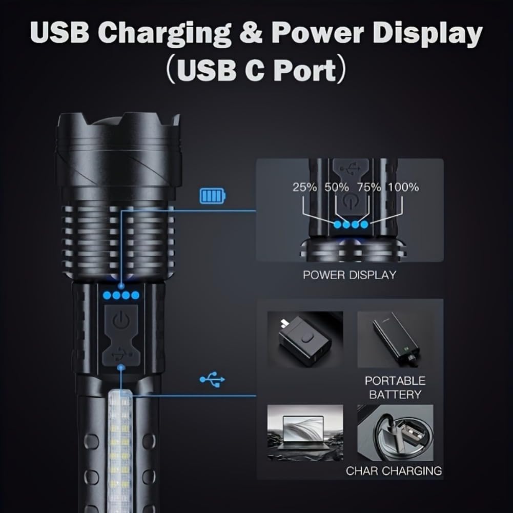 Rechargeable LED Flood Light Torch - Focus Adjustable, Water Resistant Handheld Flashlight for Camping, Hunting, Fishing, Outdoors