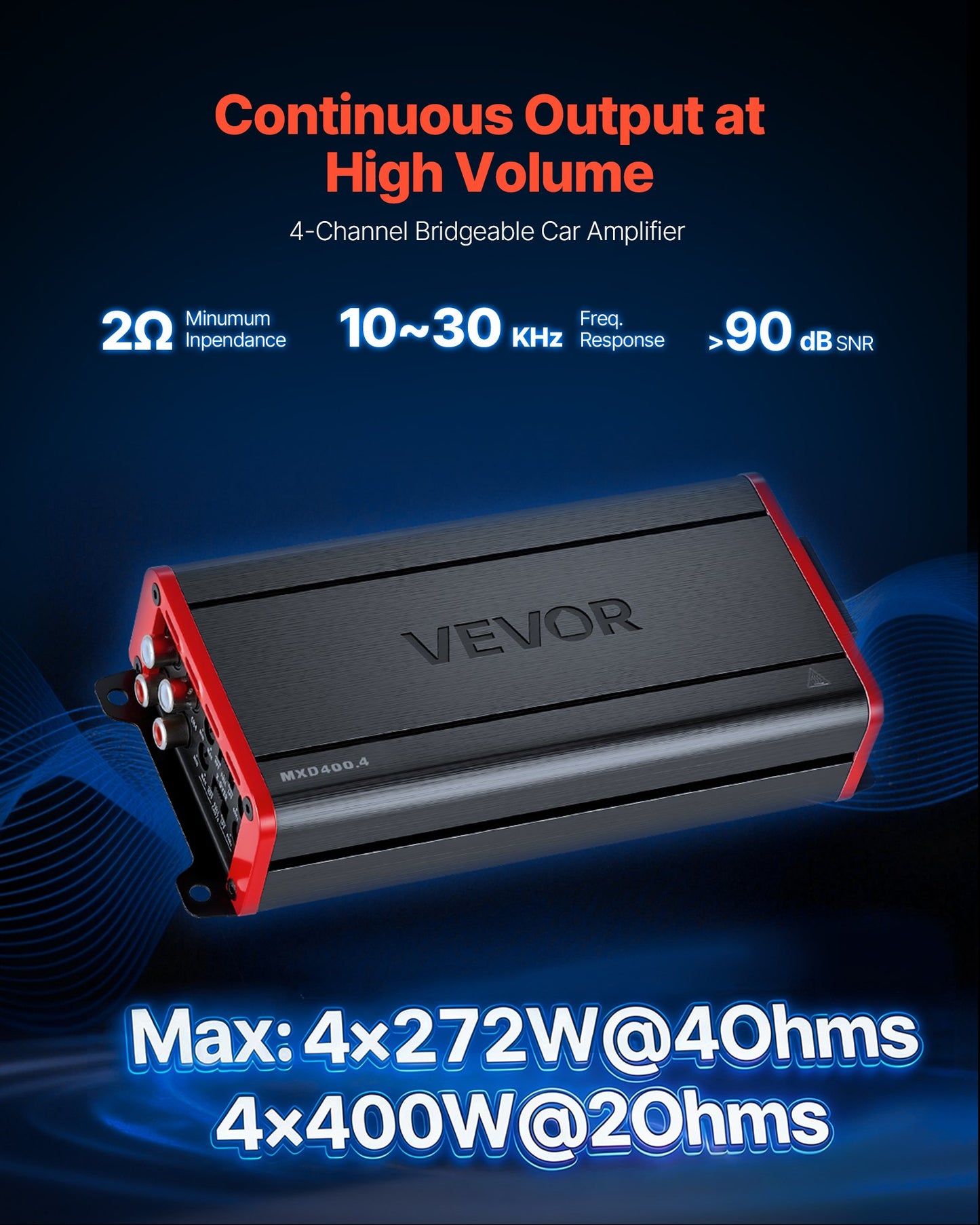 4 Channel Car Audio Amplifier - 2 Ohm Stable Full Range Amp 272W/400W Bridgeable
