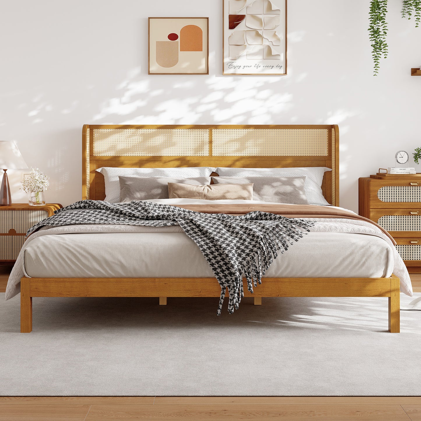 King Platform Bed Frame with Headboard - Natural Rubber Wood