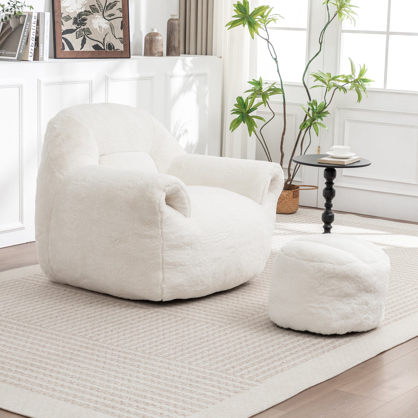 Bean Bag Chair, Comfy Sofa With Back Support, Footstool,Faux Fur