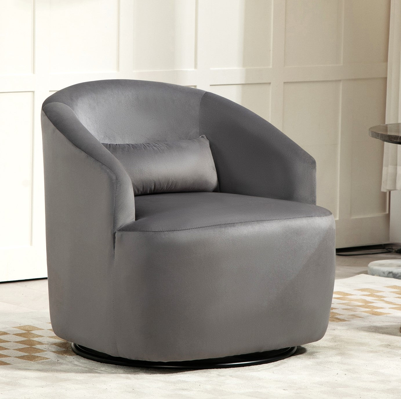 Swivel Barrel Accent Chair - Velvet Upholstered Grey Armchair