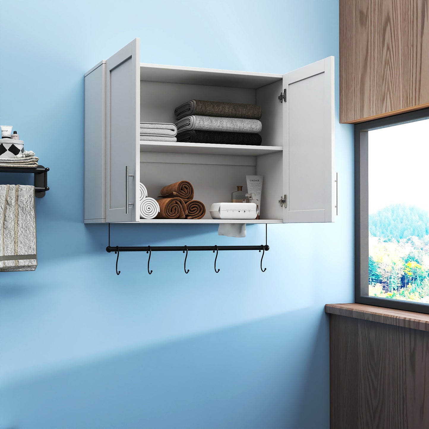Over The Toilet Bathroom Wall Cabinet with Adjustable Shelf, Towel Bar & 5 Hooks - White