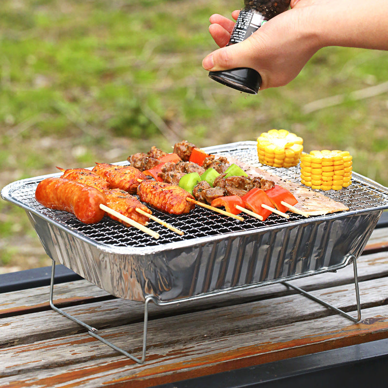 Portable Charcoal BBQ Grill with Skewers and Accessories - White