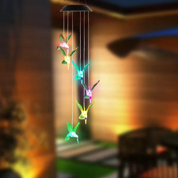 Solar Wind Chime String Lights with Hummingbirds, Color-Changing, Waterproof