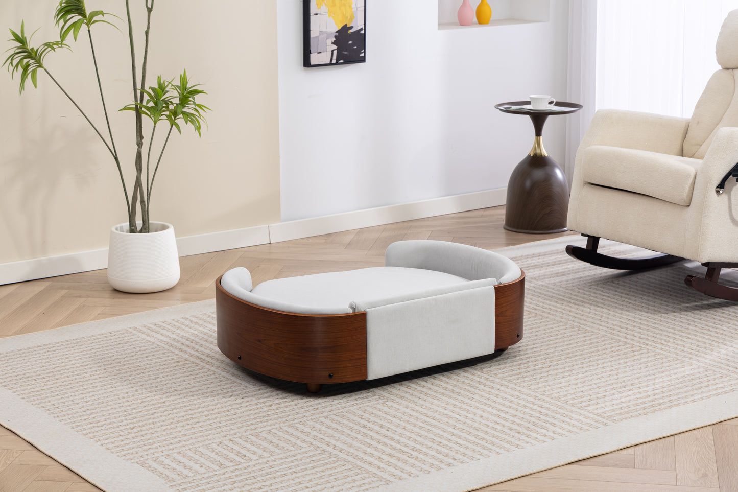Large Elevated Dog Bed with Velvet Cushion and Solid Wood Legs - Scandinavian Style Pet Sofa