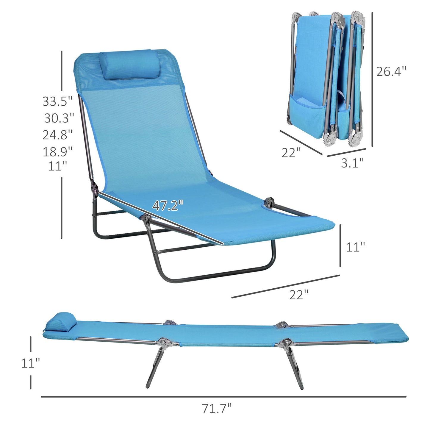 2-Piece Folding Lounge Chairs Set - Blue Mesh with Reclining Back