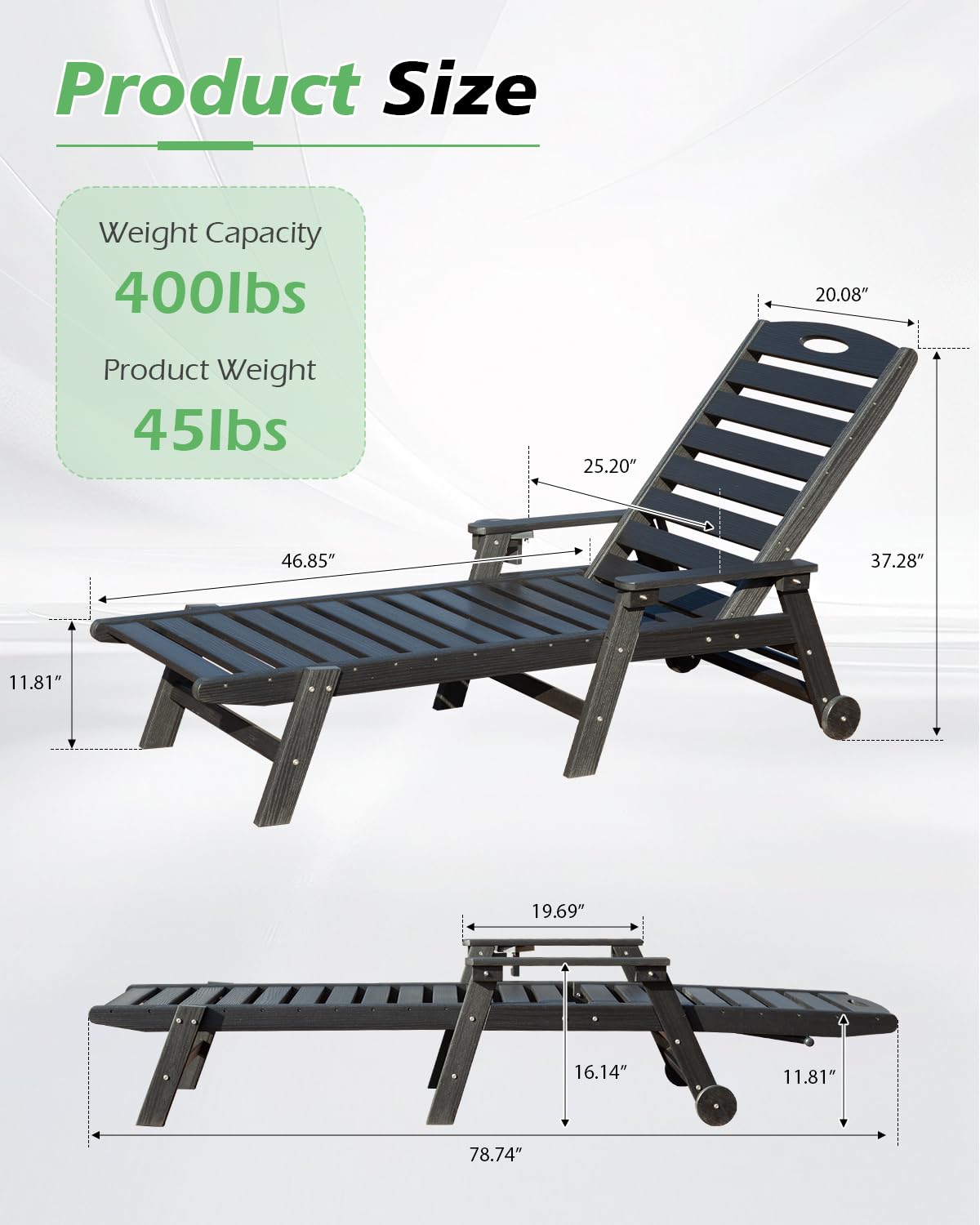 Outdoor Lounge Chairs Set Of 2, HDPE Pool Chaise For Poolside,