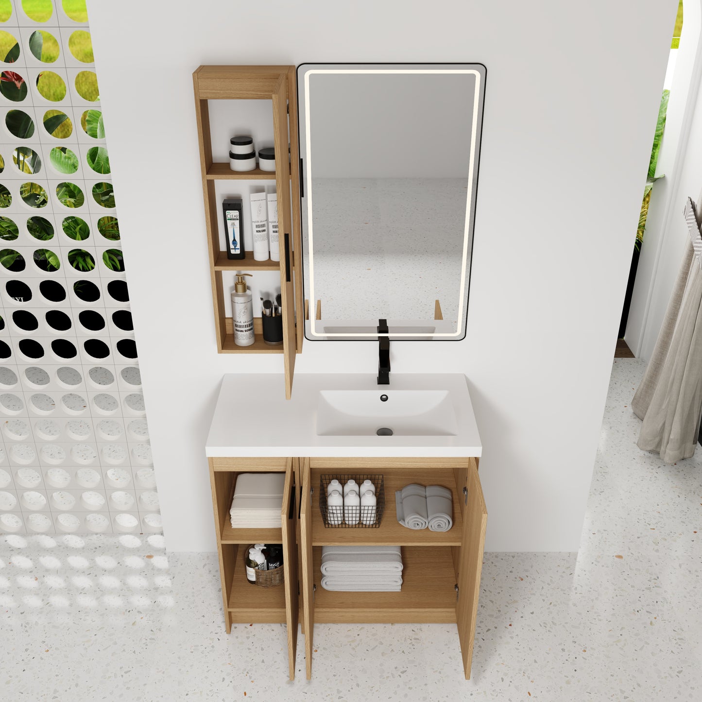 36" Freestanding Bathroom Vanity Set with Linen Cabinet - Light Oak