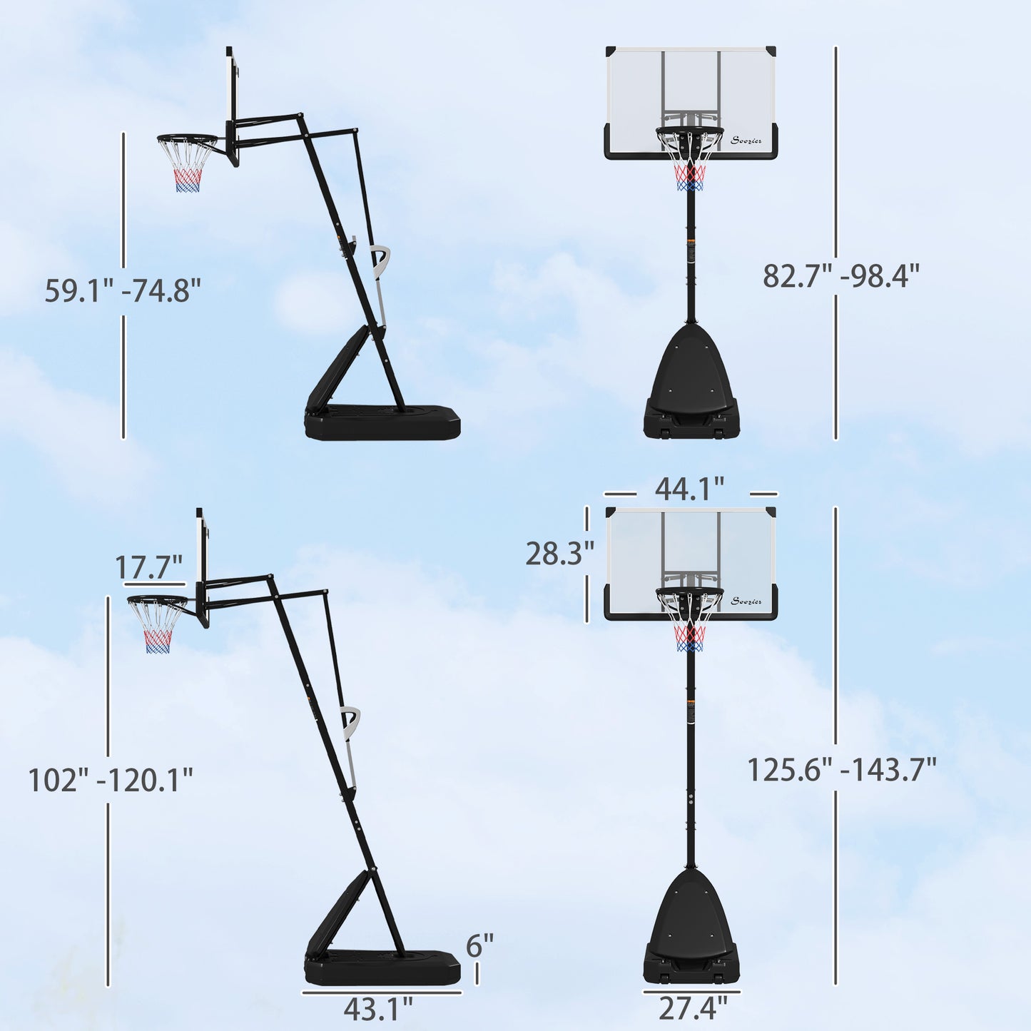 Adjustable Basketball Stand with 44" Backboard & Ball Return System