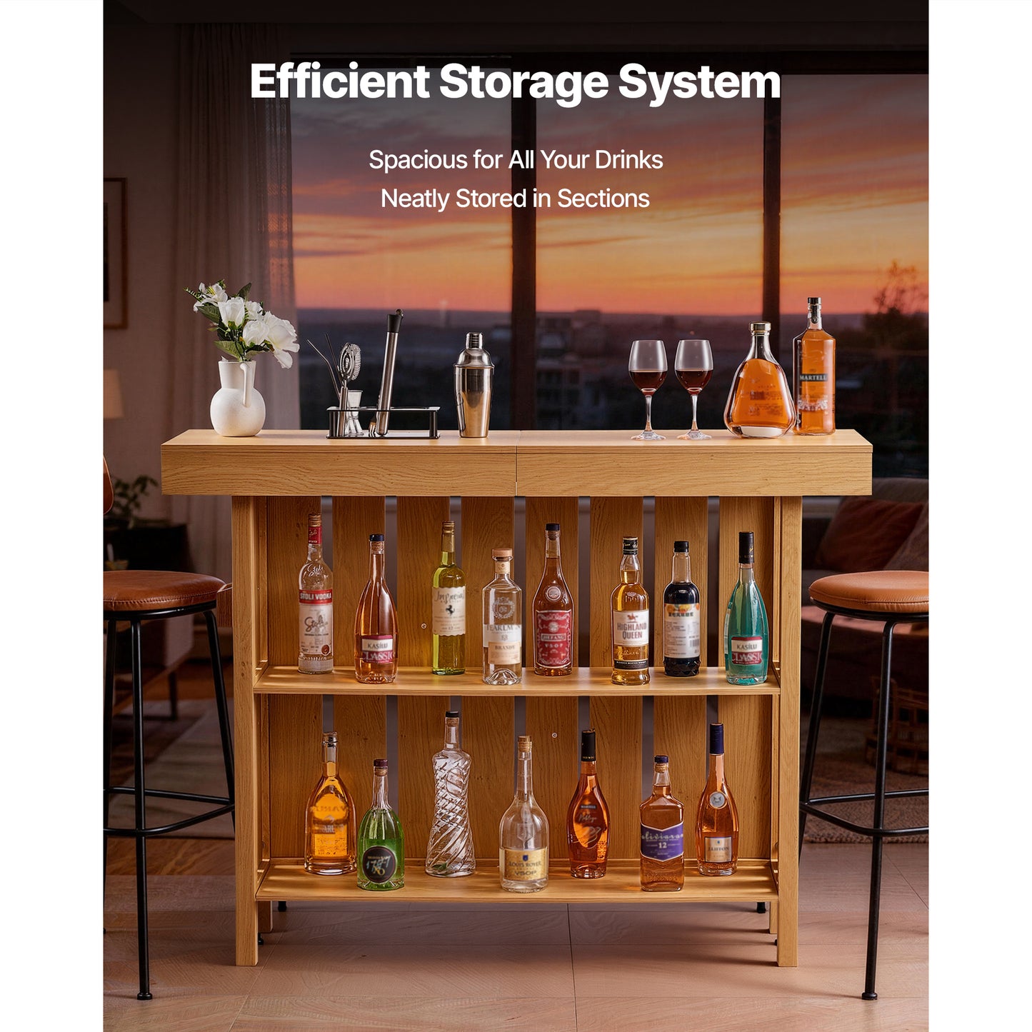Home Bar Wine Cabinet Table 3-Tier Storage with Opener & Adjustable Feet
