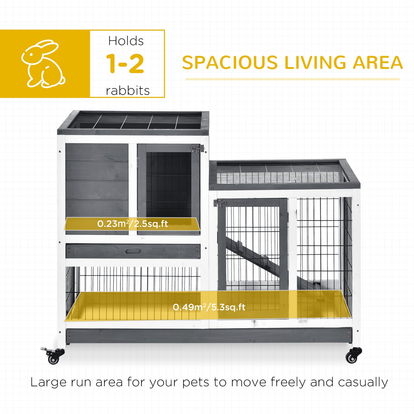 Wooden Elevated Rabbit Hutch with Wheels and Enclosed Run - Small Animal Cage