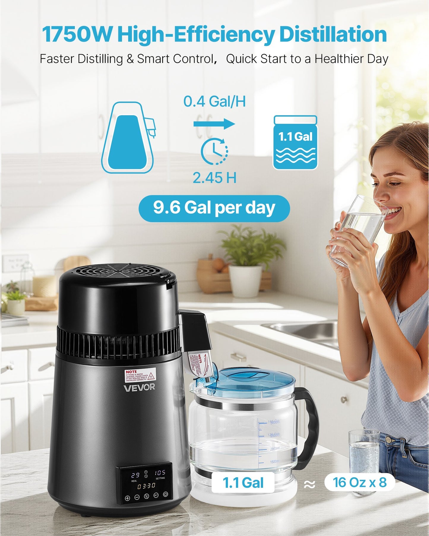 4L Water Distiller Machine - Home Countertop Purifier with Stainless Steel & Glass - 1750W