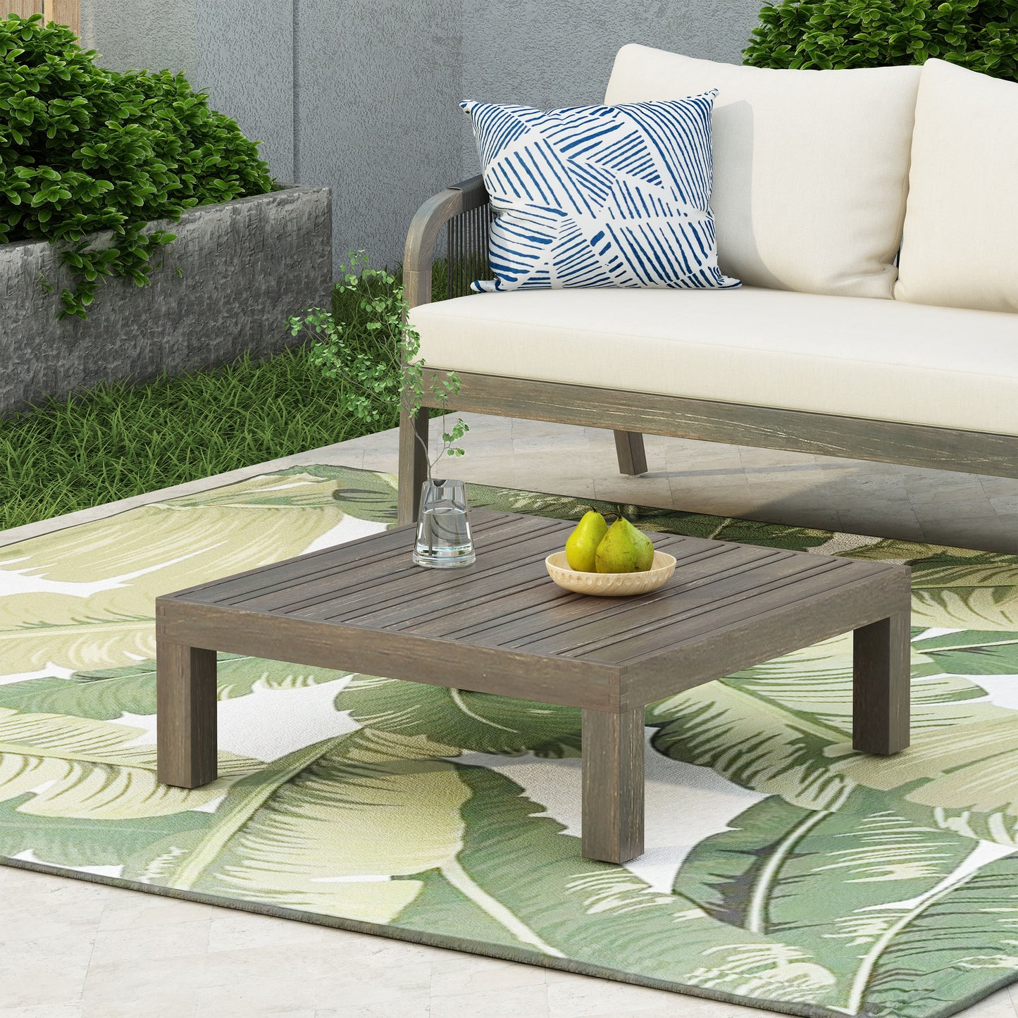 Acacia Wood Coffee Table with Slat Panel Design - Grey